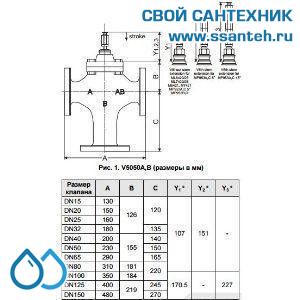 10252 Honeywell, V5050B1080 Клапан трехходовой линейный разделительный фланцевый, PN16, DN150, Kvs 360.0, 38мм, 2…220 °C